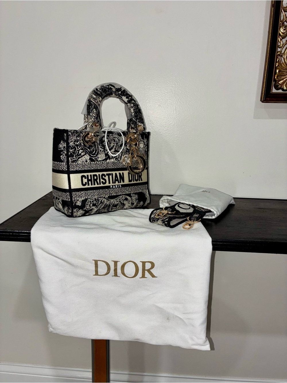 Christian Dior Black and Cream Embroidered Book Tote